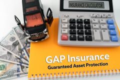 Calculator, cash, and a toy car next to a notebook labeled GAP insurance, representing cost considerations for GAP insurance California coverage.