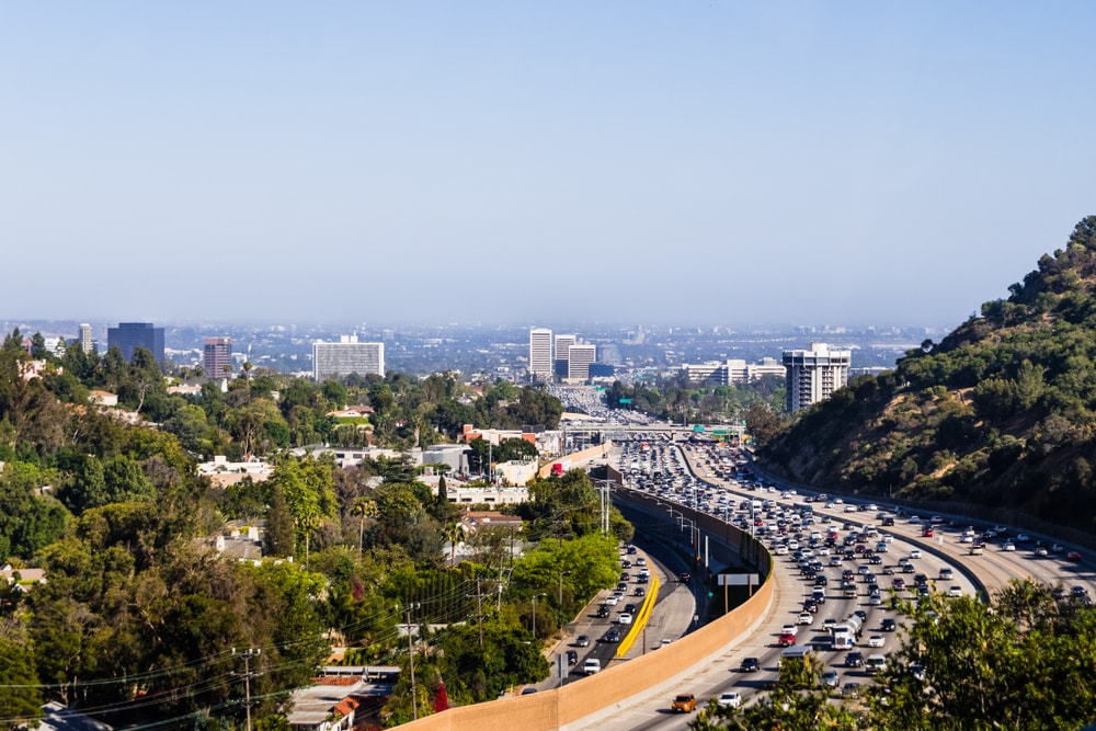 View toward West Los Angeles on a hazy day; heavy traffic on highway 405; California 