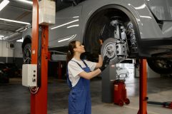 Female mechanic takes apart the rotors and discs to examine a car's brakes on a hoist.