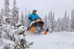 Man on a snowmobile crests a hill in the snow - cheap snowmobile insurance in California.