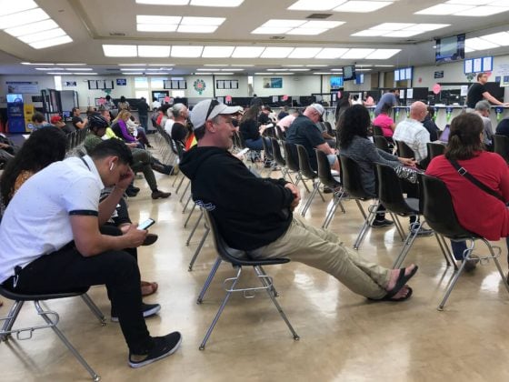 Packed DMV office in Los Angeles.