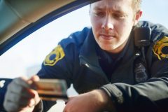 Police officer leans in car window, looking at driver's license - cheap car insurance in California.