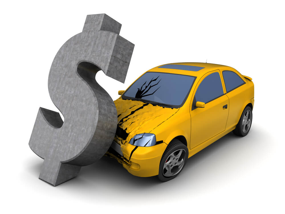 3d illustration of car crash with dollar sign, over white background, illustrating how car insurance costs rise when coverage lapses.