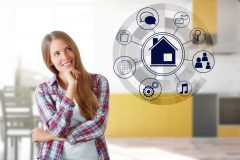Smiling young woman standing in blurry kitchen interior with circular futuristic interface of smart home automation.