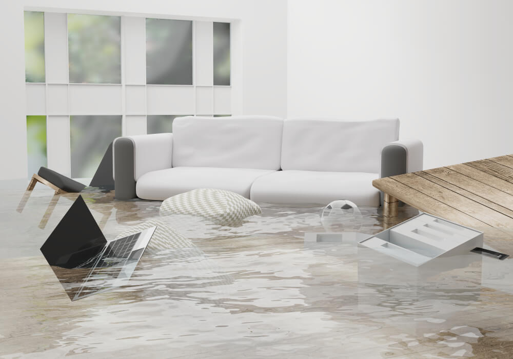 Water floods a modern living room as a laptop and other items float near the sofa, highlighting renters insurance water damage in California.