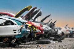 A row of salvaged vehicles sits in an auto salvage yard with their hoods raised. Several damaged cars of different colors are lined up on a gravel surface, awaiting parts removal, repair, or recycling under a clear blue sky.