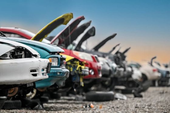 A row of salvaged vehicles sits in an auto salvage yard with their hoods raised. Several damaged cars of different colors are lined up on a gravel surface, awaiting parts removal, repair, or recycling under a clear blue sky.