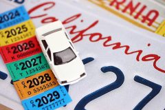 Toy car on a California license plate with registration stickers, showing why documents should be ready for how to get in and out of the DMV fast in California.