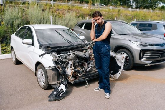 Mecánico observa con preocupación un auto blanco con daños severos en la parte frontal, una situación que puede relacionarse con un título salvage en USA.