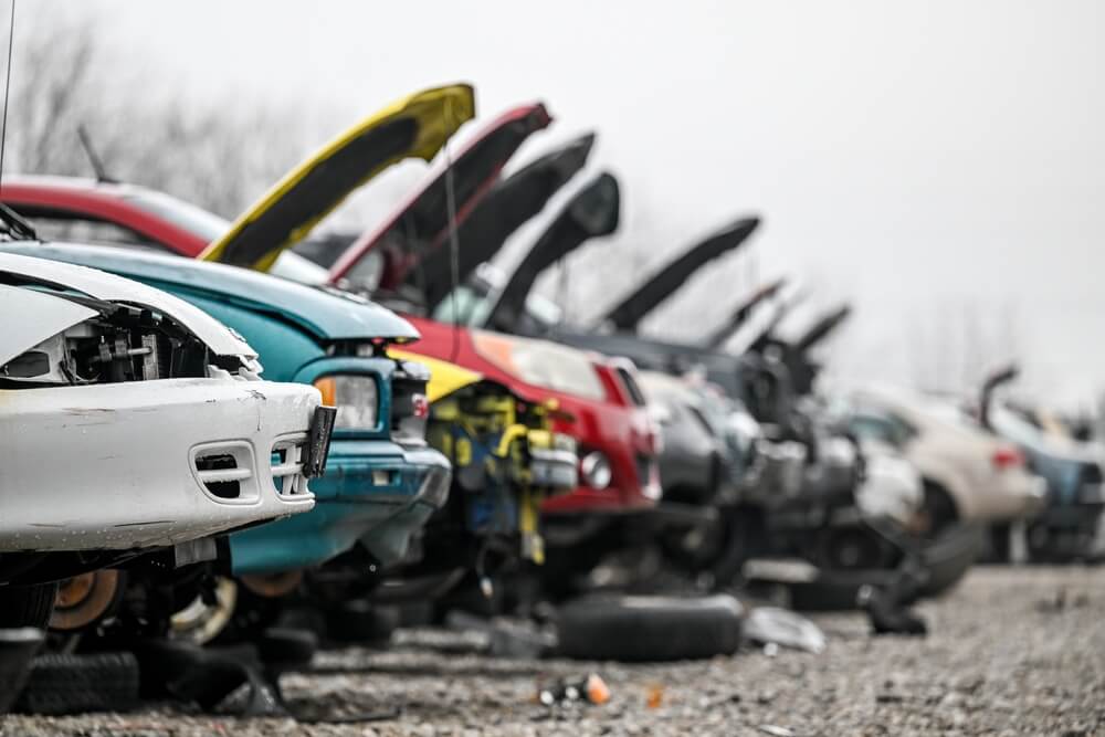 Autos dañados alineados en un yonke con cofres abiertos y piezas sueltas, una escena común al evaluar un título salvage en USA.