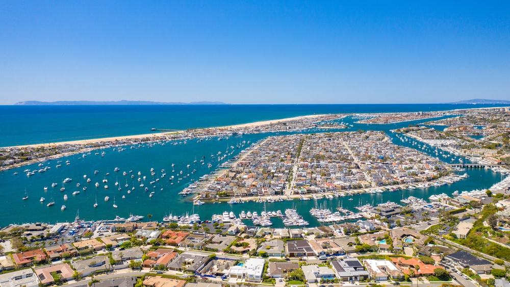 Aerial view of coast with boats in Newport Beach harbor, California