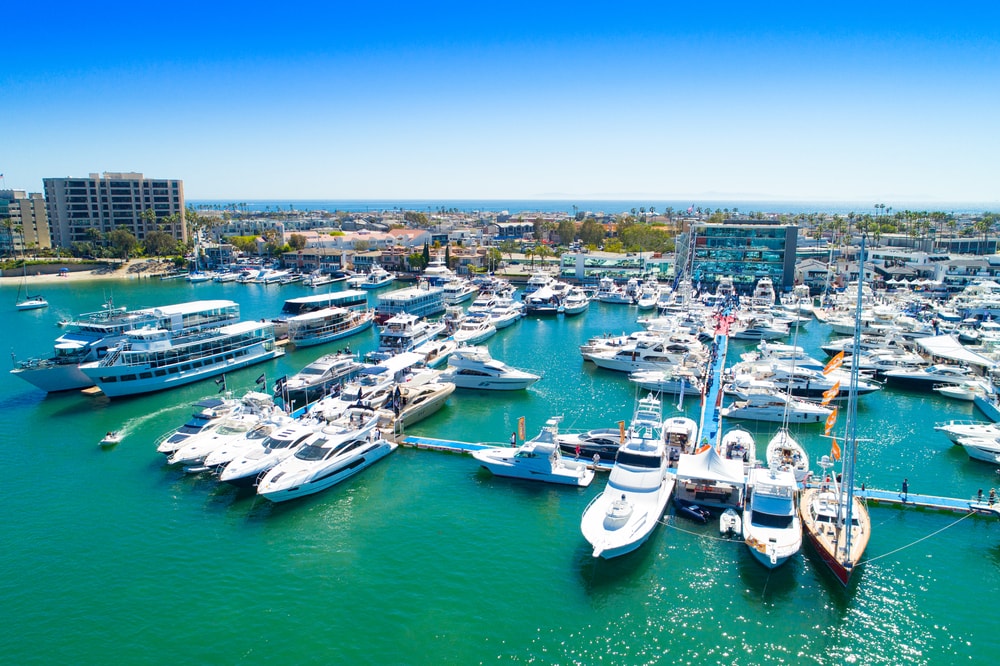 aerial view over the Newport Beach harbor with boats
