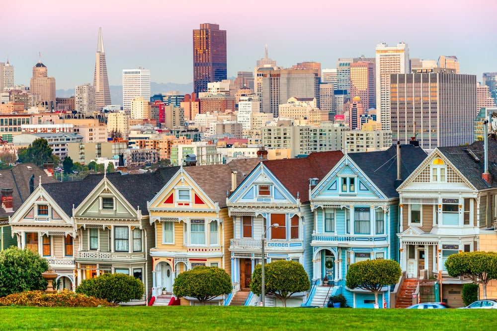 panoramic view of row of classic san francisco houses