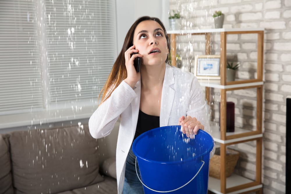 woman with bucket on the phone with leak in ceiling