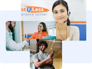 Cost-U-Less customer service agent, insurance agent helping a customer, and man looking at a smart phone