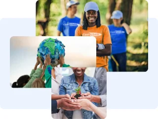 Cost-u-less employees volunteering outside, hands holding a small globe, multiple hands holding a growing plant